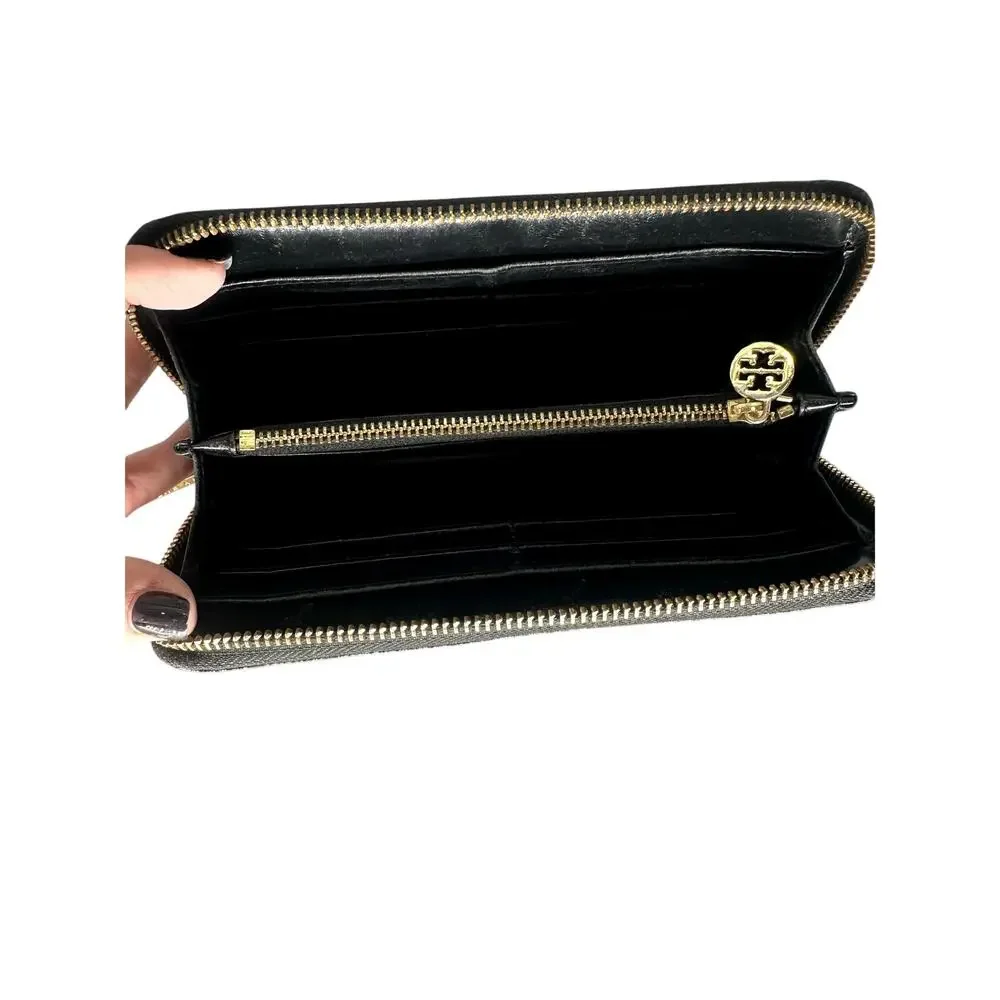 Tory Burch Black Patent Leather Embossed Logo Zip Around Continental Wallet OS